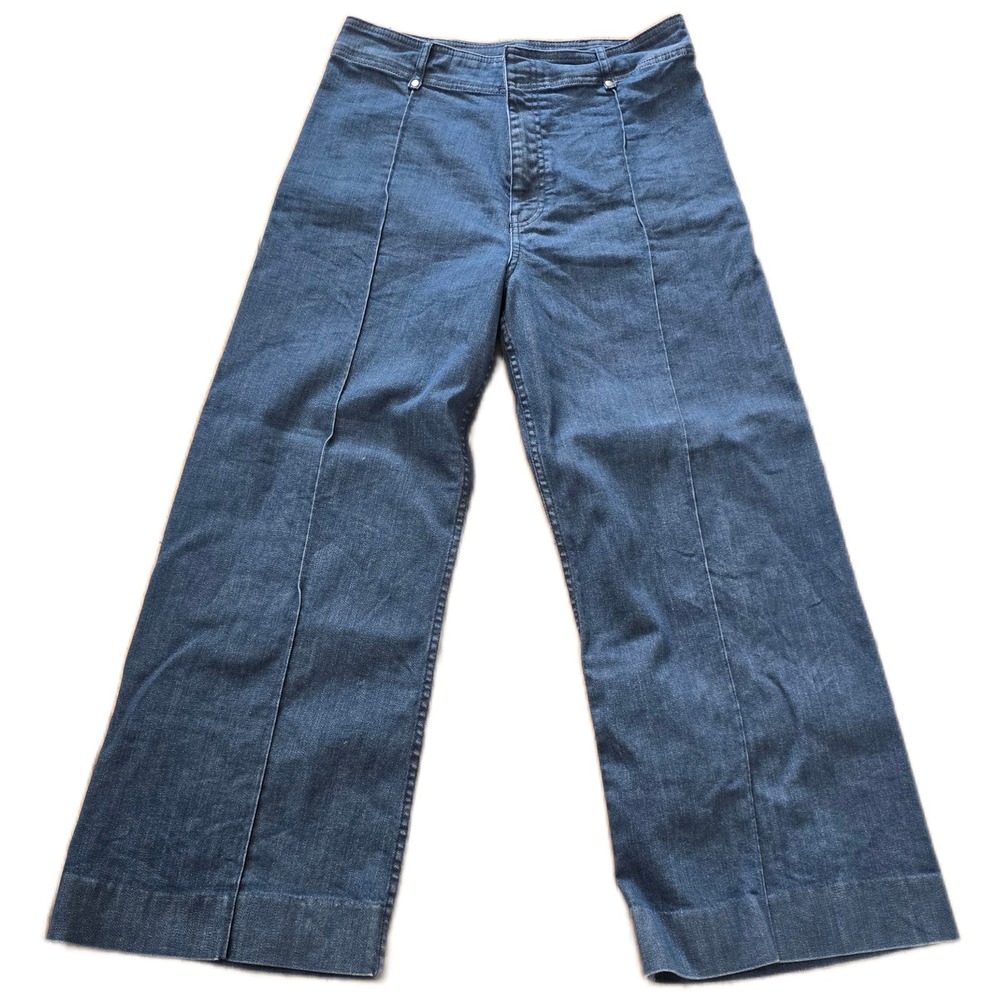 Zara Womens High Waisted Wide Leg Blue Denim Jeans Front Seam Patch Pockets 12